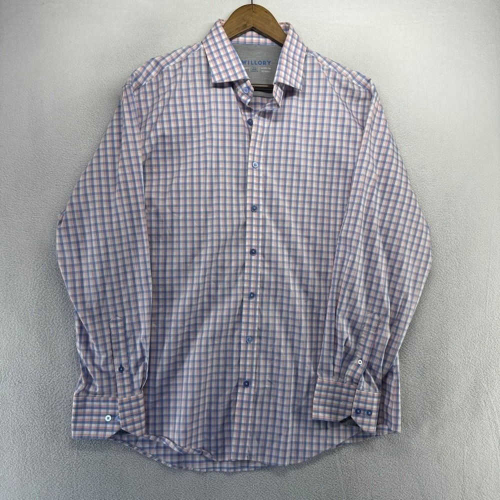Twillory Dress Shirt Mens XL 17.5 34-35 Blue Pink Gingham Performance Preppy - Picture 2 of 8